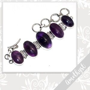 Amethyst Large Eclectic Multi-Stone Silver Artisan Bracelet 8” Adjustable Purple